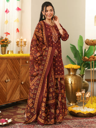 Brown Floral Print Cotton Straight Kurta Set