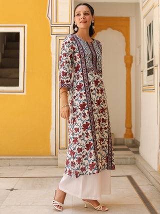 Women Floral Printed Mirror Work Kurta