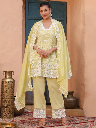 Lime Floral Embroidered Lace 3-Piece Straight Kurta Set