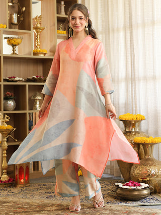 Peach and Pastel Blue Abstract Print Co-Ord Set