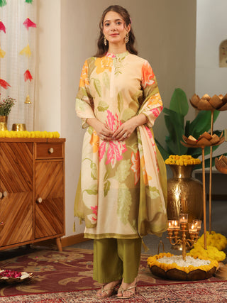 Cream Floral Straight Kurta Set with Pant Pocket