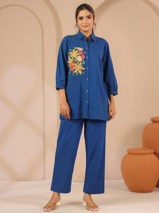 Blue cotton solid shirt style tunic cord set with matching tousers