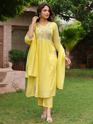 Yellow Floral Embroidered 3-Piece Anarkali Kurta Set