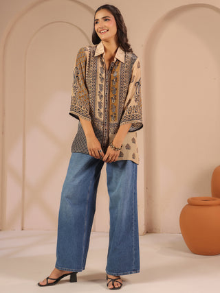 Beige ethnic printed crepe shirt
