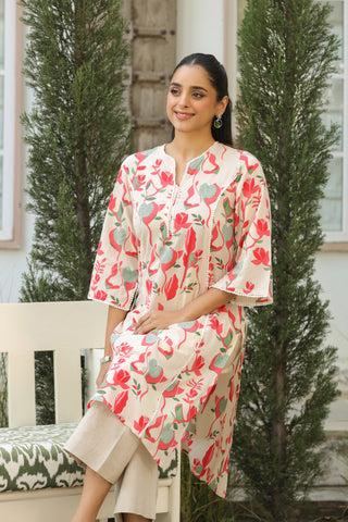 Cream Abstract Print Lace Kurta