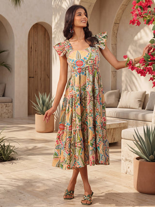 Multicolor Printed Cotton Fit-and-Flare Sleeveless Dress