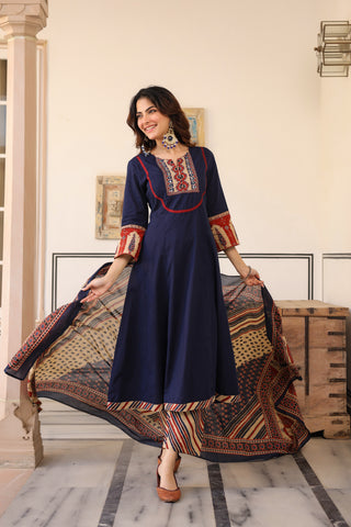 Blue Solid 3-Piece Kurta Set