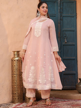 Peach Embroidered Lace 3-Piece Anarkali Kurta Set