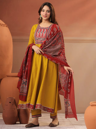 Mustard Printed 3-Piece Anarkali Kurta Set