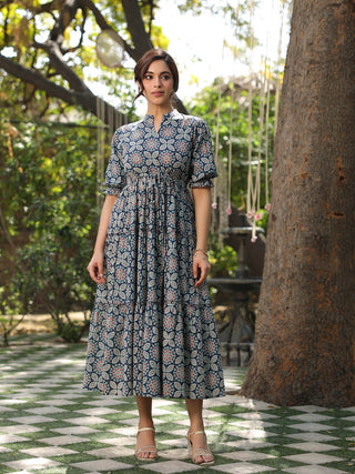 Women Rust And Blue Floral Ethnic A-line Pure Cotton Midi Ethnic Dress