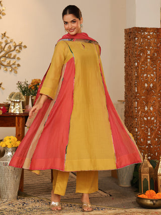 Yellow Beaded Chanderi Anarkali Kurta Set with Pocket