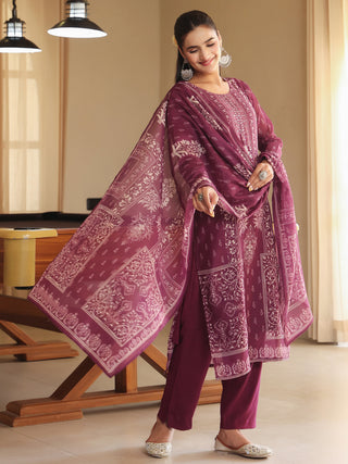 Wine Ethnic Motif Print 3-Piece Straight Kurta Set