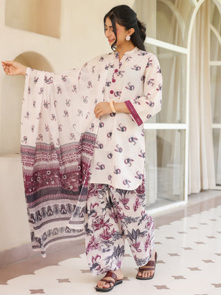 Off White Ethnic Motif Print Lace 3-Piece A-Line Kurta Set
