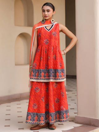 Women Ethnic Motifs Printed Empire Pure Cotton Kurta with Sharara & With Dupatta