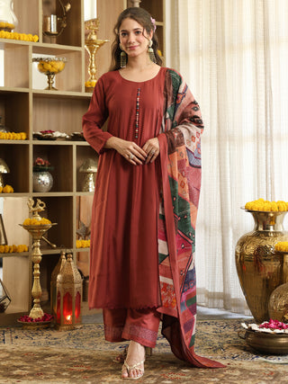 Brick Red Chanderi A-Line Kurta Set