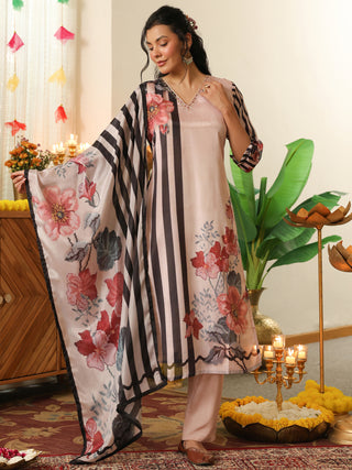 Peach Panel Print Chanderi Straight Kurta Set