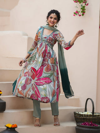 Women Green Chinon Printed A-line Empire Kurta With Trouser And Shaded Dupatta