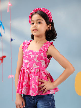 Girls Floral Printed Pure Cotton Peplum Crop Top