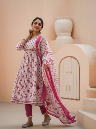 Women Pink Floral Printed Pure Cotton A-line Kurta With Solid Trouser And With Printed Dupatta