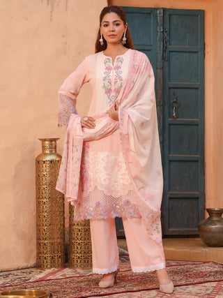 Pink Floral Embroidered 3-Piece Straight Kurta Set