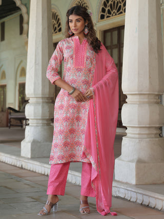 Floral Printed Pure Cotton Kurta with Trousers & Dupatta