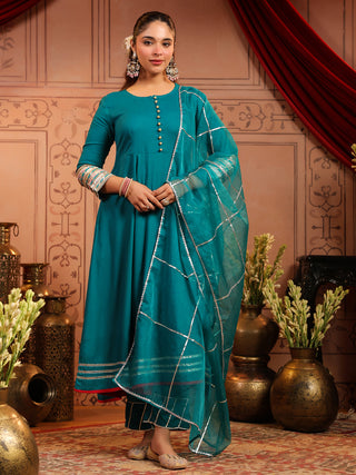 Teal Solid Fit & Flare 3-Piece Anarkali Kurta Set