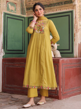 Floral Embroidered Mirror Work Pure Cotton Kurta With Trouser & Dupatta