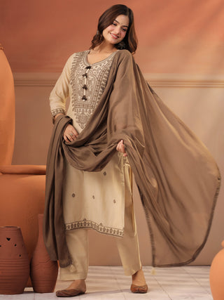 Women Ethnic Motifs Embroidered Regular Thread Work Chanderi Cotton Kurta with Trousers & Dupatta Set