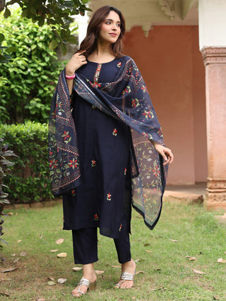 Navy Blue Floral Embroidered 3-Piece Straight Kurta Set