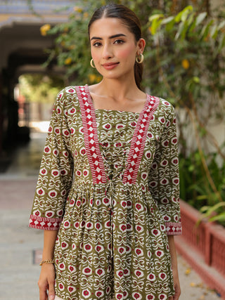 Green Ethnic Motif Print Peplum Top