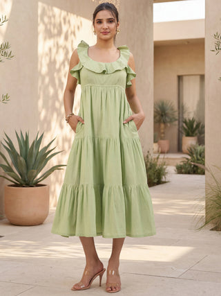 Mint Green Solid Cotton Tiered Dress with Pocket