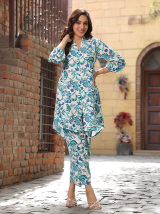 Floral Printed Mandarin Collar Three Quarter Sleeve Tunic Top & Trouser