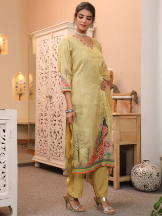 Peacock Printed Thread Work Chanderi Cotton Kurta With Trousers & Dupatta