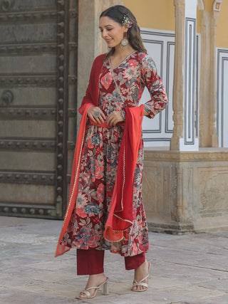 Women Maroon Floral Printed A-line Kurta With Solid Trouser And Dyed Dupatta