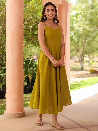 Olive Green Solid Fit & Flare Dress