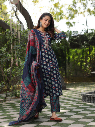 Women Navy Blue Ethnic Printed Cotton Embroidered Straight  Kurta With Printed Trousers and Printed Dupatta