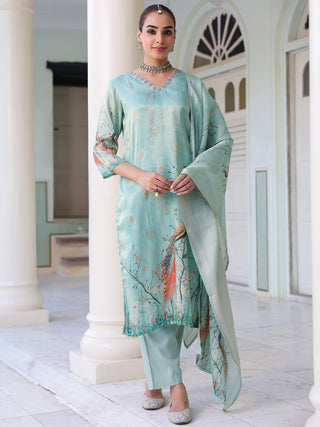 Ethnic Motifs Printed Zari Chanderi Cotton Kurta With Trousers & Dupatta