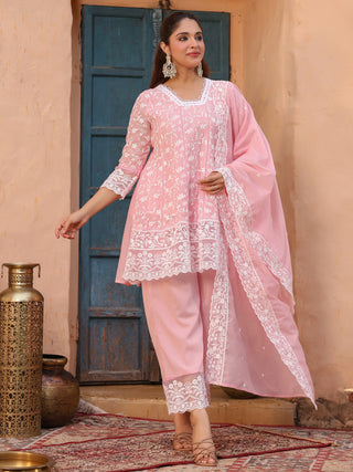 Pink Floral Embroidered Lace 3-Piece Straight Kurta Set