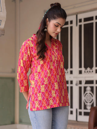 Women Printed Mandarin Collar Cotton Top