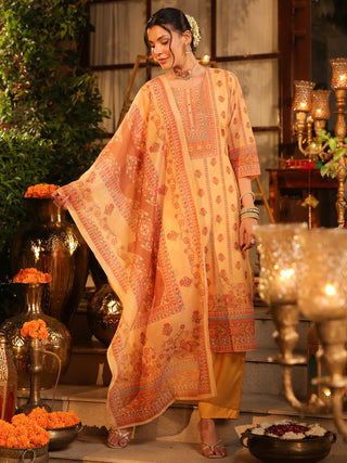 Yellow Panel Print Chanderi Straight Kurta Set With Pant Pocket