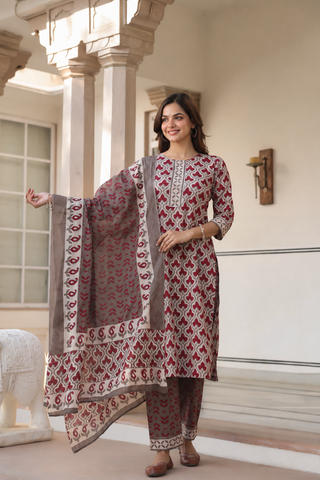 Grey Ethnic Motif Print 3-Piece Kurta Set