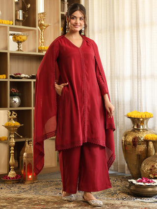 Maroon Lace Chanderi A-Line Kurta Set with Pocket