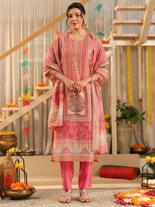 Pink Panel Print Straight Kurta Set with Pant Pocket
