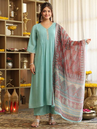 Light Blue Chanderi A-Line Kurta Set with Pocket