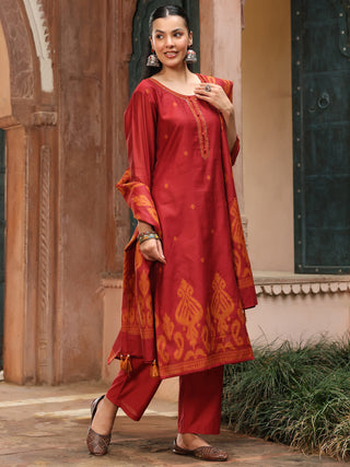 Maroon Jacquard Print 3-Piece Straight Kurta Set