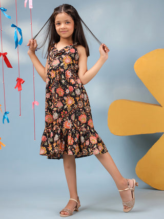 Girls Floral Printed Pure Cotton V-Neck Fit & Flared Ethnic Dresses