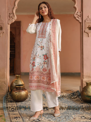 Peach Floral Print 3-Piece Straight Kurta Set