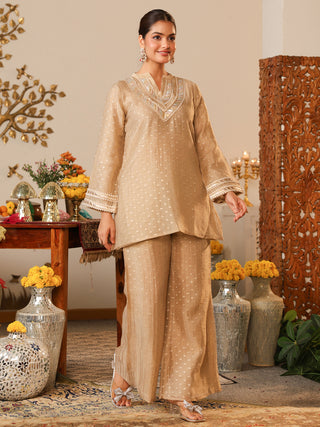 Champagne Beige Woven Butti Tissue Co-Ord Set