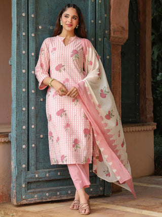 Pink Floral Print 3-Piece Straight Kurta Set