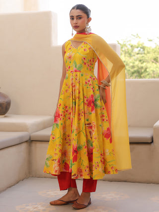 Yellow Floral Print Flared Anarkali Kurta Set